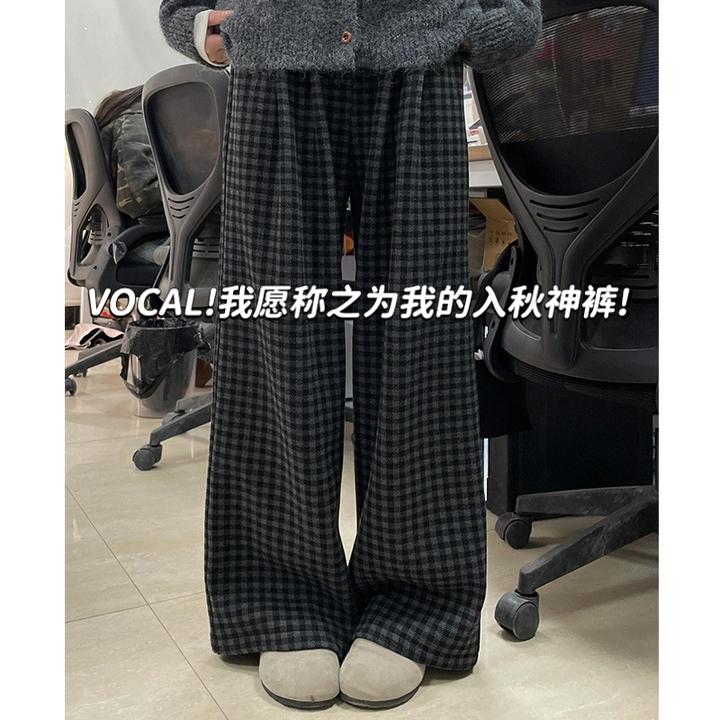 复古毛呢格子裤女宽松直筒秋冬2025新款休闲垂感小个子加绒阔腿裤