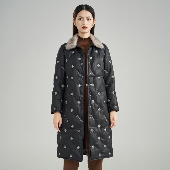 MY TENO/马天奴VHAF59女款加厚保暖印花秋冬水貂毛领黑长