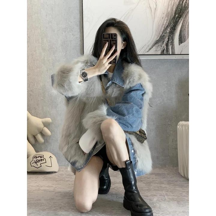 仿时尚毛牛仔拼接皮好外套女2024年秋冬季新款气质时尚派克服夹克