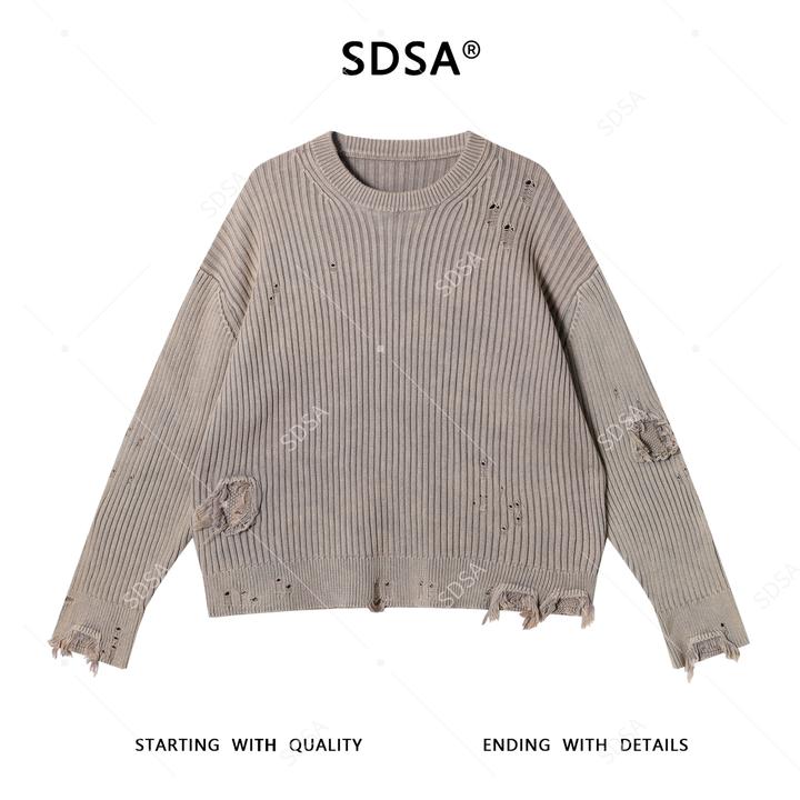 SDSA男士秋冬新款痞帅男装潮牌破洞流苏圆领针织衫百搭慵懒风毛衣