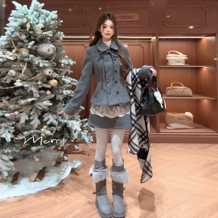 小香风灰色毛呢连衣裙子女秋冬季2025新款小个子千金穿搭套装短裙