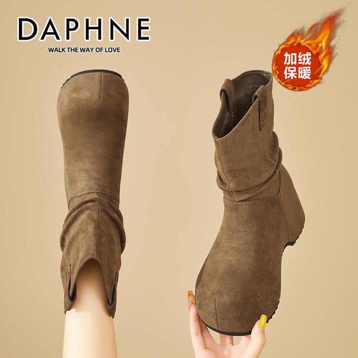 达芙妮软底复古勃肯短靴女2025冬季加绒马丁靴内增高褶皱堆堆靴女