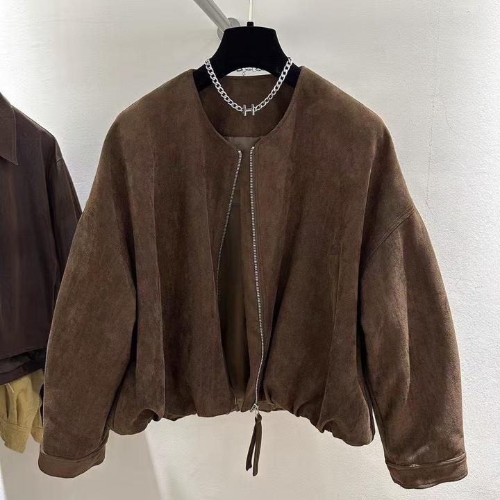咖色复古麂皮绒短款外套秋新款韩系小个子气质休闲圆领上衣