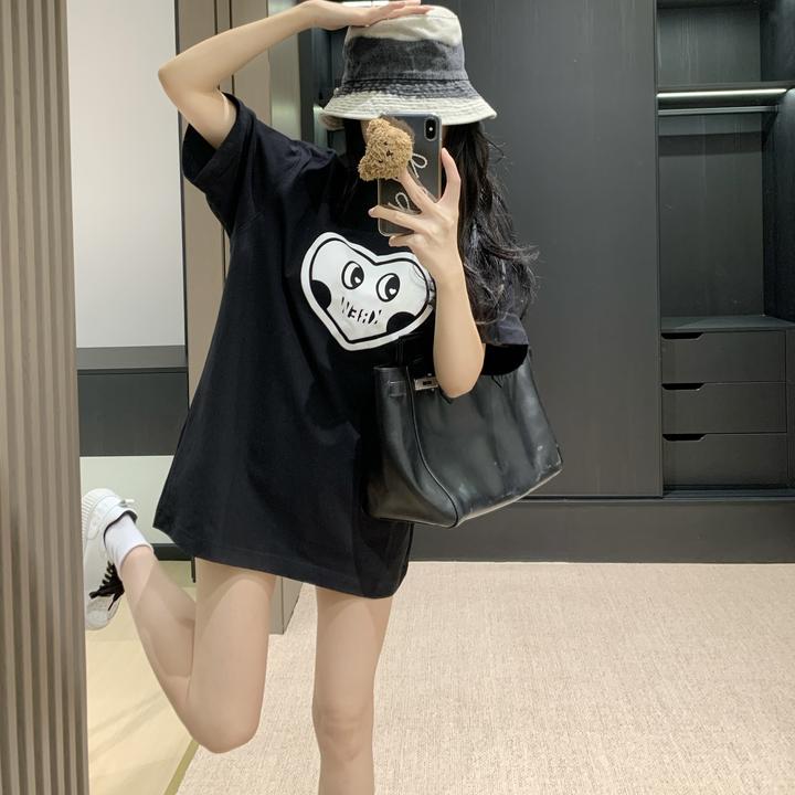【现货】纯棉黑色短袖t恤女2025夏季新款大码上衣宽松显瘦体恤ins