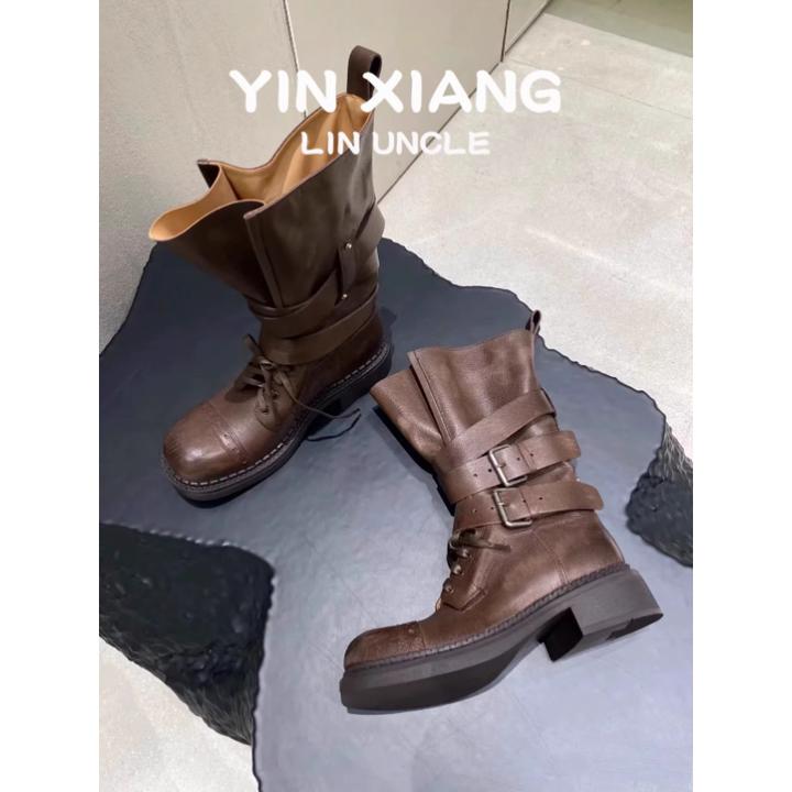 羊皮版~2025秋新款英伦马丁鞋女复古皮带扣百搭机车靴粗跟单靴子