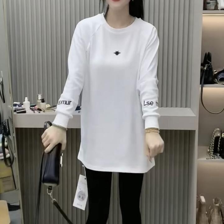 抗皱印花长袖圆领中长款拼接T恤百搭秋宽松时尚