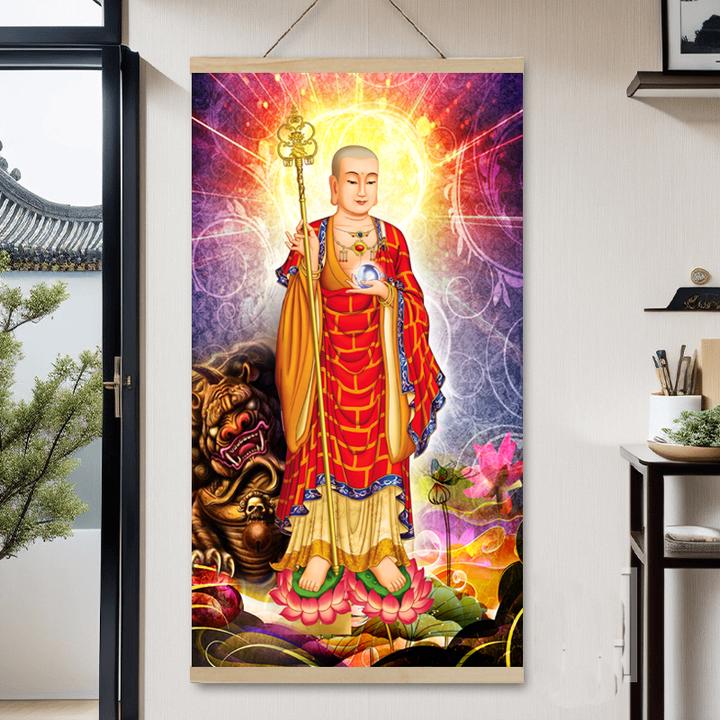 大愿地藏王菩萨挂画实木挂画卷轴九华山高清玄关家居装饰画高品质