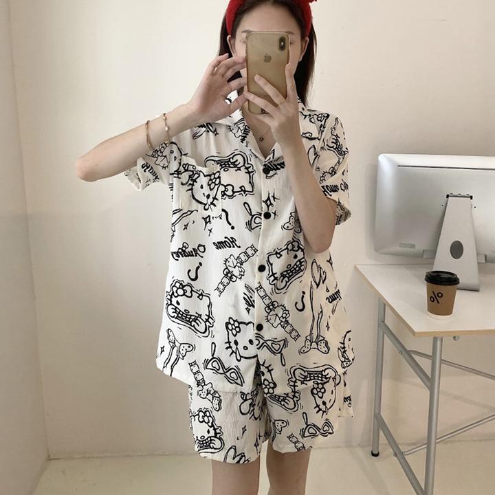 云朵棉睡衣女夏短袖薄款少女生卡通hellokitty猫可外穿家居服套装