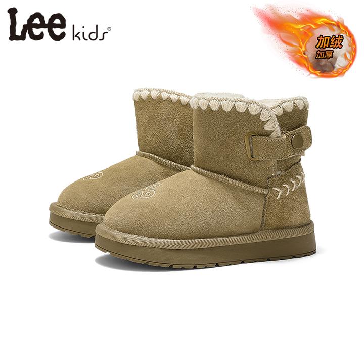 Leekids真皮冬季保暖雪地靴大棉加绒童鞋中筒防滑男童冬鞋子女童