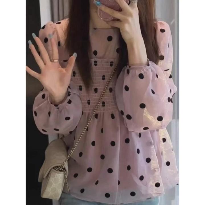 法式时尚洋气小众褶皱波点衬衫女2025春季甜美雪纺泡泡袖防晒上衣