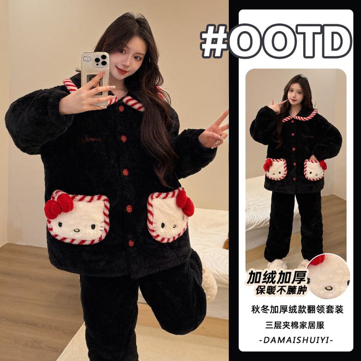 2025新款冬季可爱kt猫睡衣女三层夹棉保暖加绒加厚翻领家居服套装