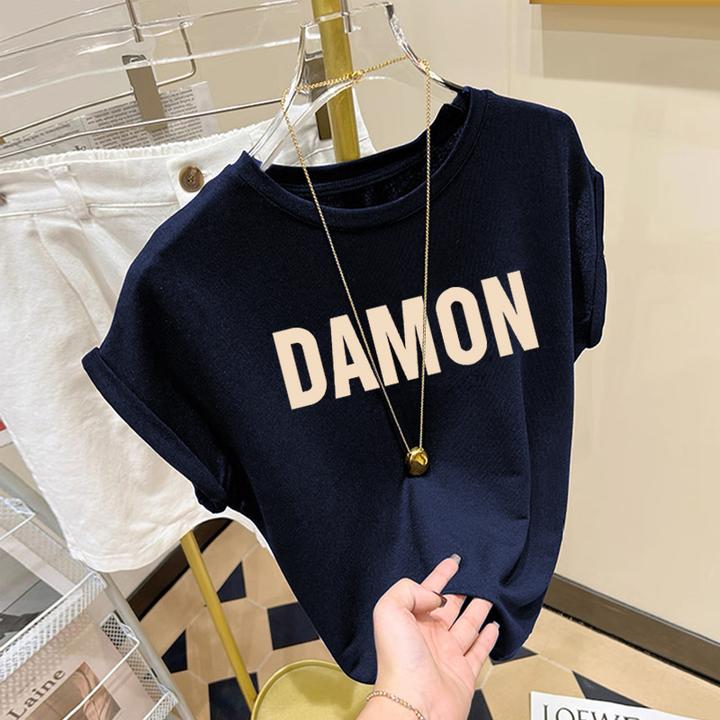 小飞袖正肩短袖t恤女夏季2025新款设计感百搭显瘦圆领藏青色上衣