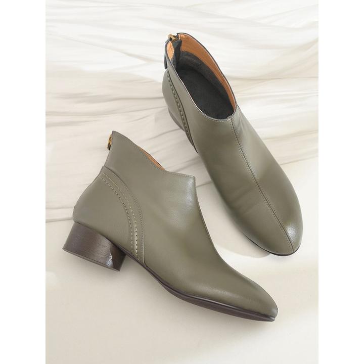 极简全牛皮显瘦短靴女小踝靴圆头粗跟低跟真皮百搭瘦瘦靴灰色裸靴