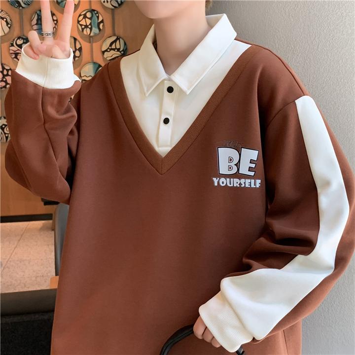 假两件卫衣春秋季衬衫领男款长袖打底衫T恤百搭潮牌ins青少年外套