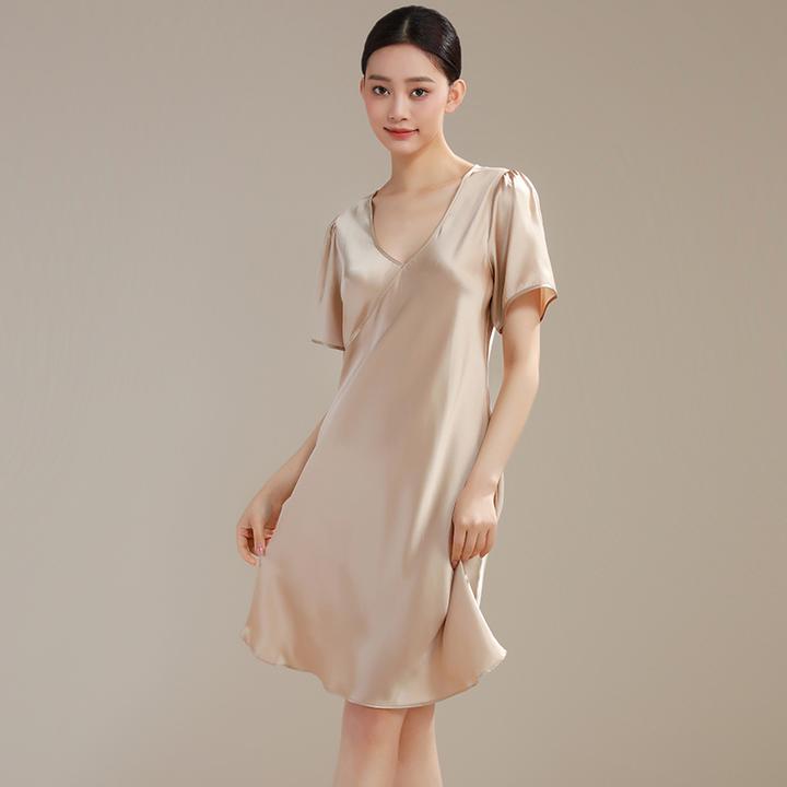 100桑蚕丝睡衣女夏季短袖真丝睡裙尖领薄款香槟色显瘦高级家居服
