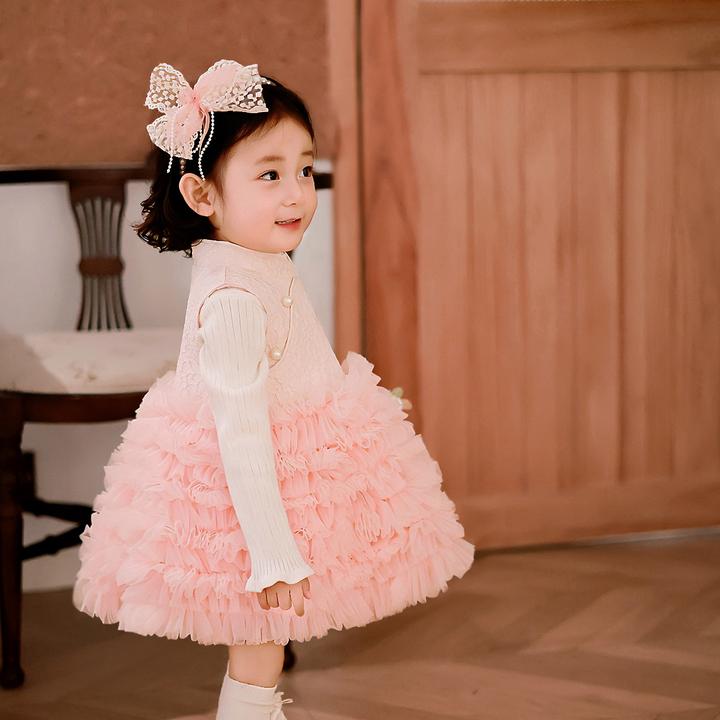 女童公主裙套装2025新款粉色蓬蓬纱儿童演出服周岁女宝宝生日礼服