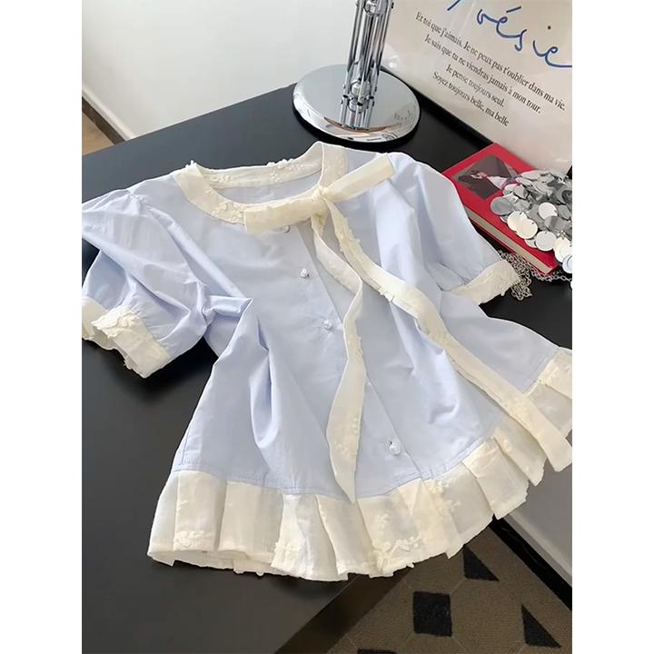 蓝色蝴蝶结设计感正肩短袖衬衫女士法式小资短款上衣2025新款小衫