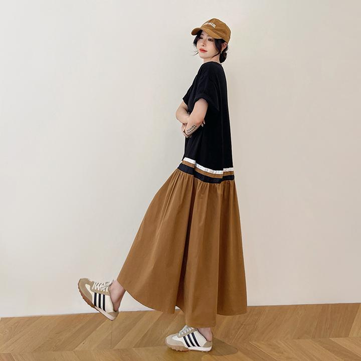 实拍现货 夏新款/大码宽松长款设计感拼接织带拼色裙摆短袖连衣裙