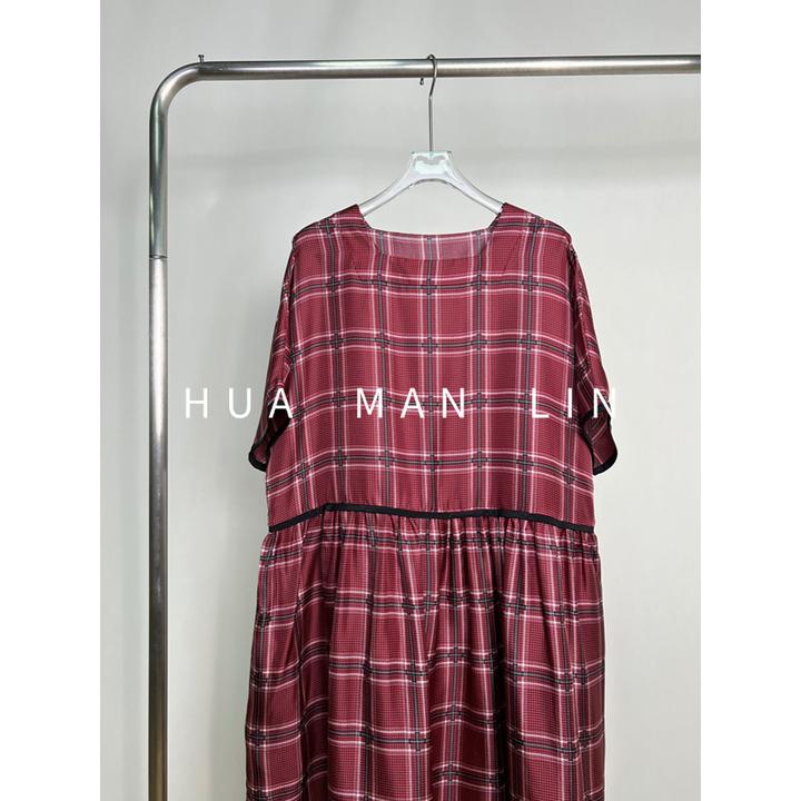 【花满林】方领斜纹绸真丝桑蚕丝减龄格子连衣裙259609