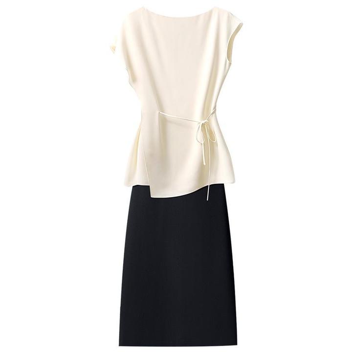 2025夏季新款不规则衬衫女设计感杏色短袖上衣搭配时尚半身裙套装