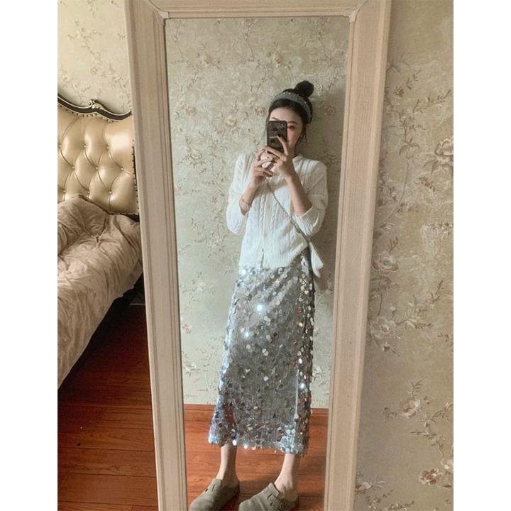 麻花针织开衫圆领上衣长袖女2025春季新款高腰显瘦亮片休闲半身裙