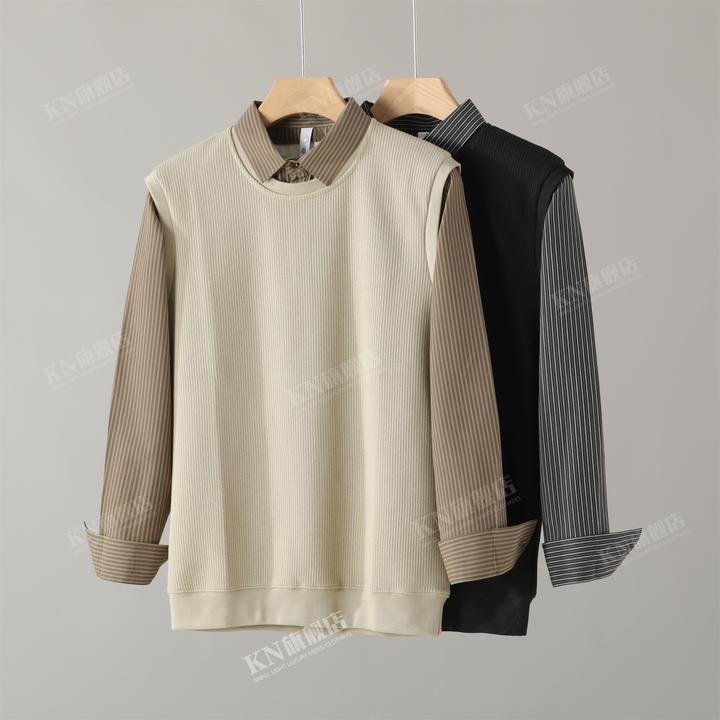 秋季新款绅士风气质撞色条纹拼接翻领假两件针织衫男外穿内搭上衣