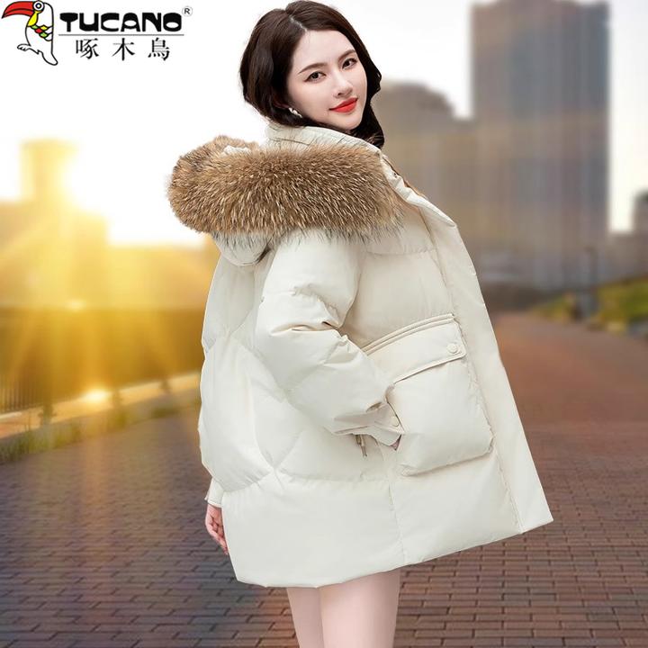【官方】啄木鸟中长款羽绒服2025新款冬季爆款白鸭绒女士大毛领外套