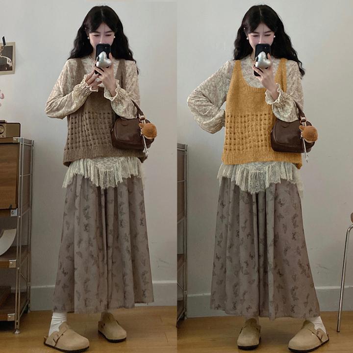 大码胖mm秋季新款长袖晕染蕾丝打底衫针织背心马甲半身裙套装女