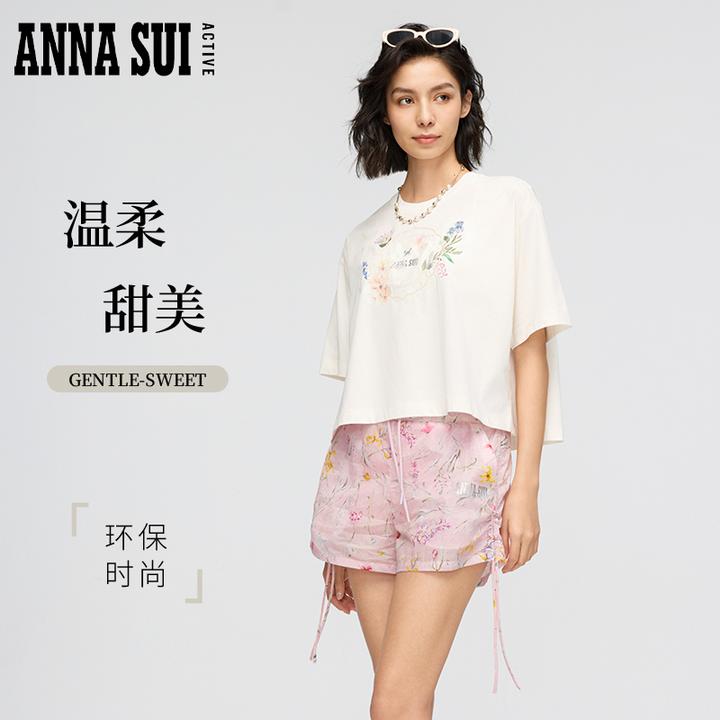 ANNA SUI安娜苏运动 早春印花落肩短款圆领针织短袖T恤25206143A