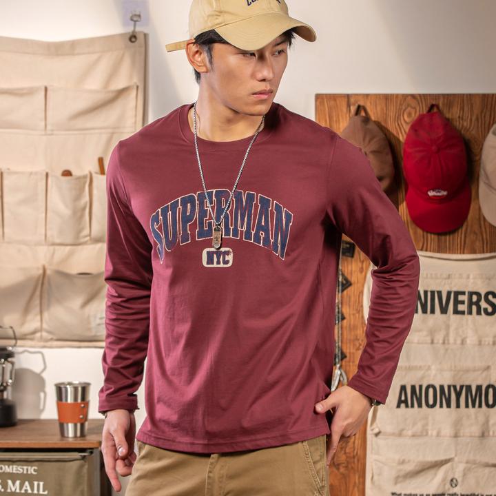 美式复古印花长袖t恤男纯棉秋季新款红色上衣圆领休闲衣服打底衫