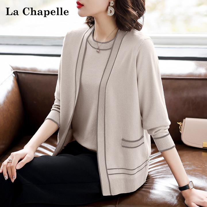 拉夏贝尔妈妈长袖外套中年女秋装针织开衫中老年春秋上衣两件套装