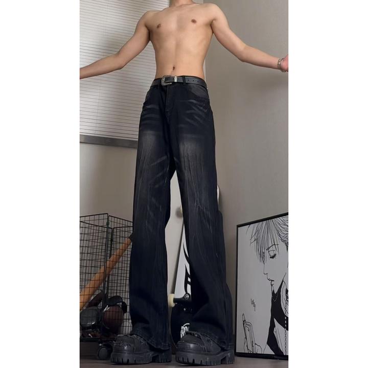 闪电纹微喇牛仔裤男款美式高街cleanfit裤子vibe直筒宽松显瘦长裤