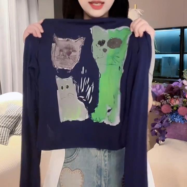 春夏艺术猫咪手绘减龄时髦小众设计显瘦长袖T恤LK2502488