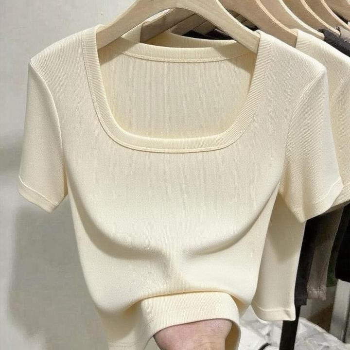 纯欲u领短袖t恤女设计感夏季新款修身显瘦正肩小个子短款bm风上衣