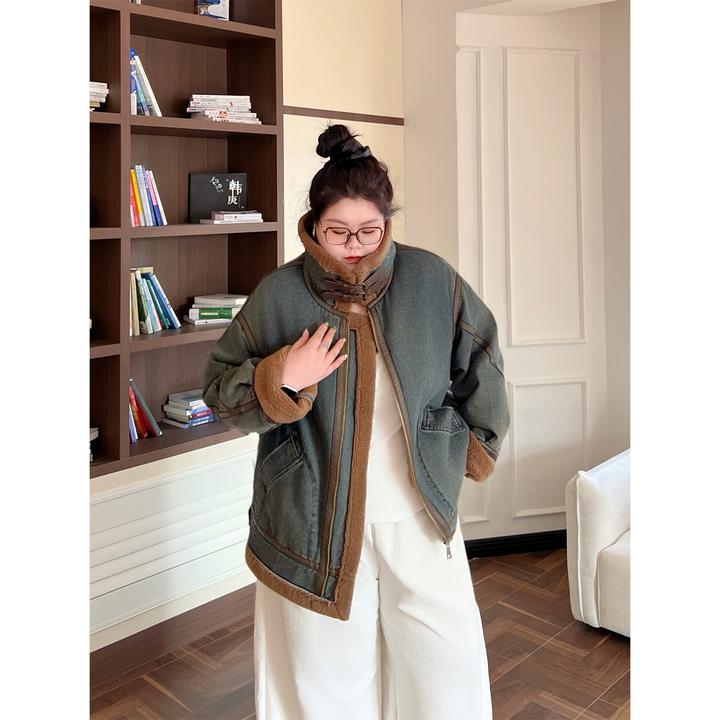 花契“港岛机车”大码女装秋季百搭200斤胖mm时尚牛仔外套15478-X