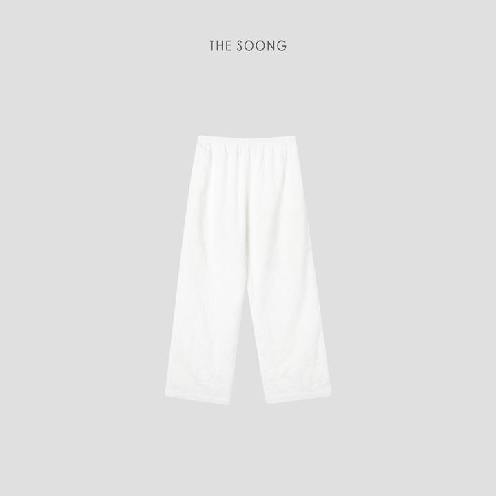 THESOONG|法式丝棉刺绣肌理松紧腰白色休闲裤HWKZ7191