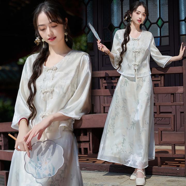 实拍新中式古典V领印花七分袖斜襟盘扣复古国风改良半身裙女套装