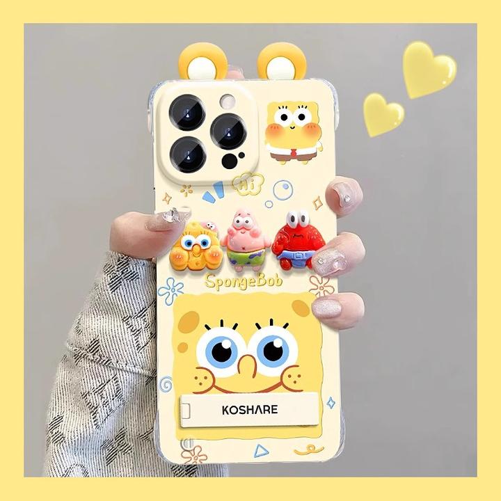可爱派大星耳朵支架适用苹果14pro无边框手机壳13海绵宝宝公仔12