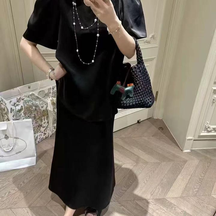 高级感时尚套装女2025夏季新款醋酸泡泡袖圆领衬衫+半身裙两件套
