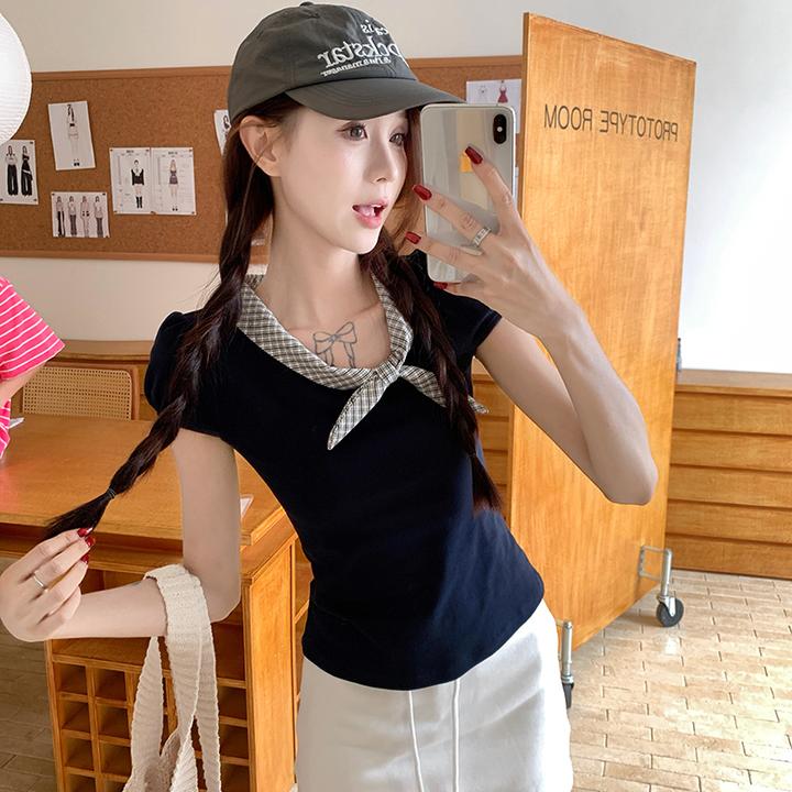 纯棉蝴蝶结甜美复古撞色短袖T恤女夏季小众绑带修身显瘦百搭上衣