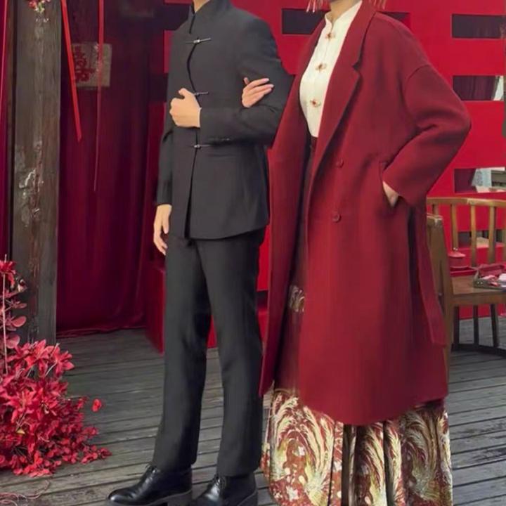外套新中式新款高级感国风大衣订婚服毛呢秋冬敬酒服红色女装婚服