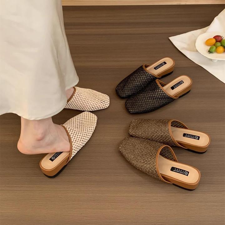 法式编织度假风包头拖鞋女夏2025新款藤草一脚蹬高级感增高穆勒鞋