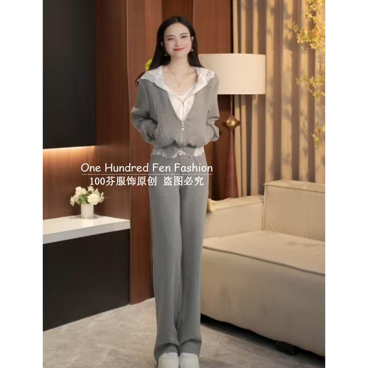 2025春季新款运动套装蕾丝拼接长袖假两件连帽卫衣高腰百搭长裤女