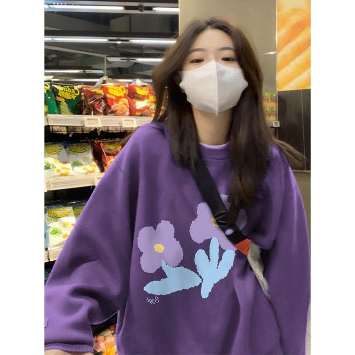 淳启美式花朵圆领卫衣女春秋冬季ins潮小众设计感oversize上衣潮