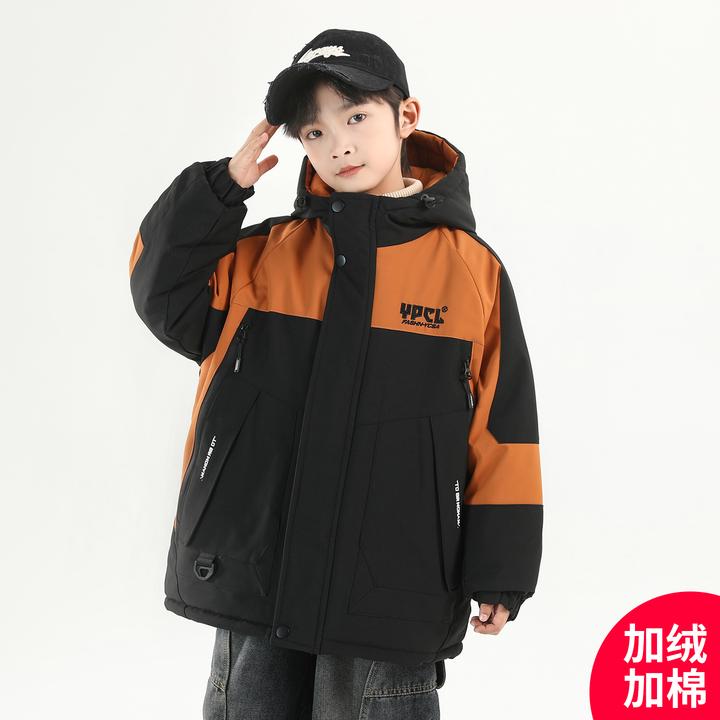 男童冬季外套加绒加厚派克服2025新款中大童儿童棉衣连帽潮酷痞帅