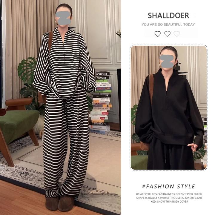 美式复古炸街套装女2025春秋新款立领半拉链长袖卫衣阔腿裤两件套