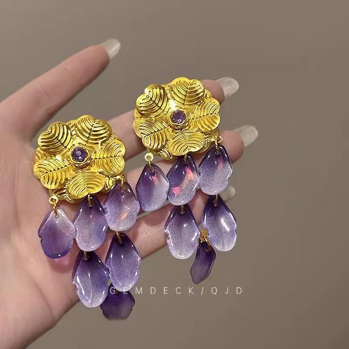 铜合金耳饰  复古贵气金色花朵耳环夸张紫色花瓣气质耳坠轻奢耳钉