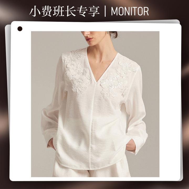 千韵伊然 法式优雅重工刺绣亚麻v领早秋新款气质通勤上衣1003