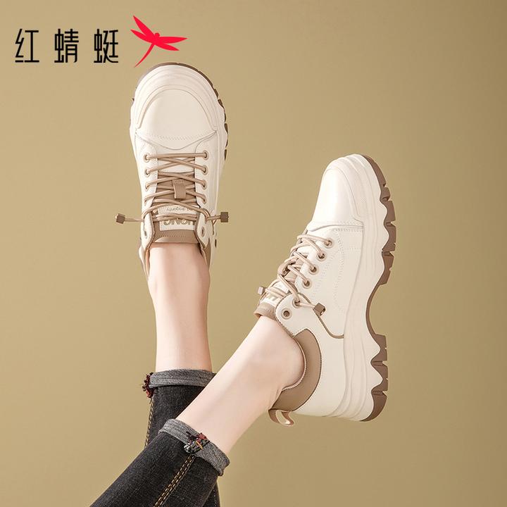 红蜻蜓女鞋秋季马丁靴系带英伦风圆头休闲百搭增高厚底时尚小白鞋
