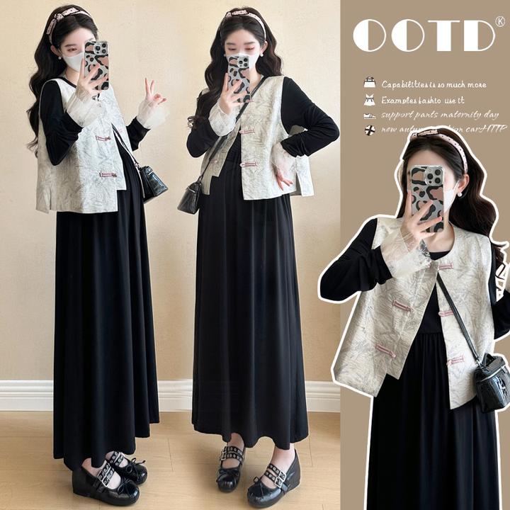 孕妇套装2025秋季新款韩版时尚网红气质显瘦新中式蕾丝裙二件套装